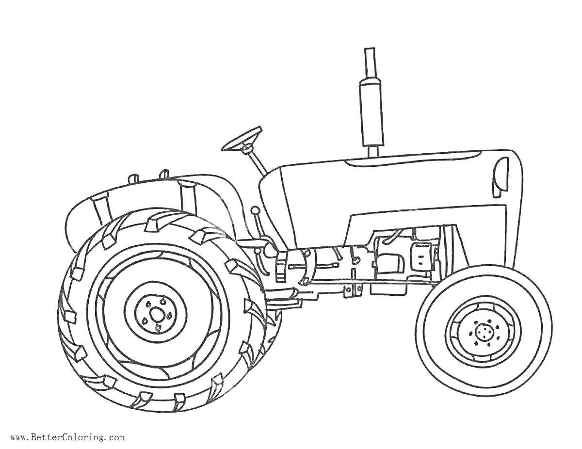 На раскраске изображено: Трактор, Большие колеса, Транспорт, Сельскохозяйственная техника