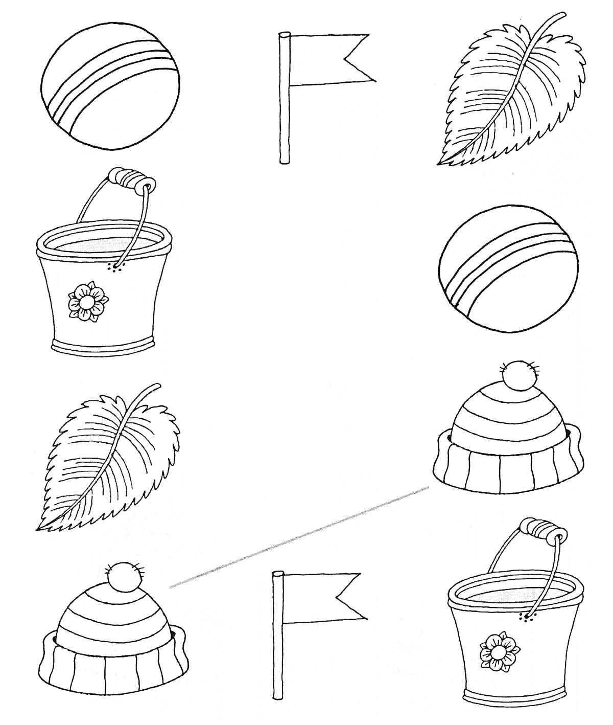 На раскраске изображено: Шапка, Предметы, Листья, Ведёрко, Мячи, Флаг