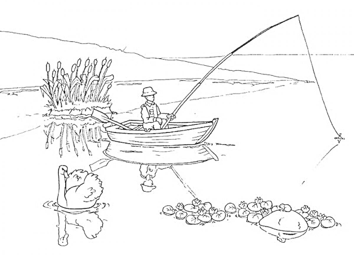 Раскраска Рыбак на лодке с удочкой в озере, рыба на удочке, рогоз, кувшинки
