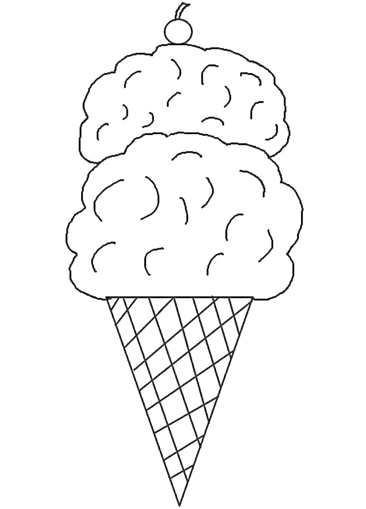 На раскраске изображено: Мороженое, Вафельный рожок, Для детей, Сладости, Вишня, Десерты