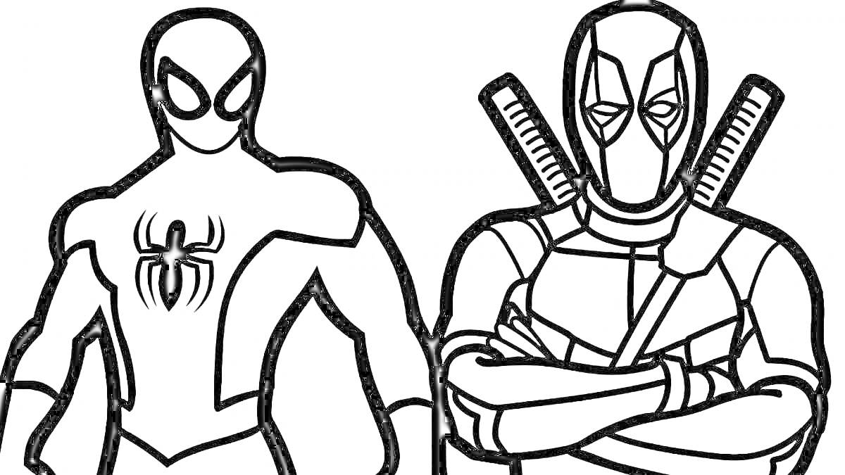 На раскраске изображено: Человек-паук, Дэдпул, Супергерои, Комиксы, 9 лет