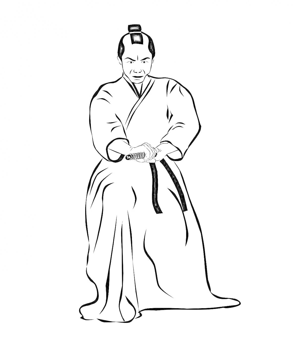 Раскраска Японка в традиционном кимоно с мечом