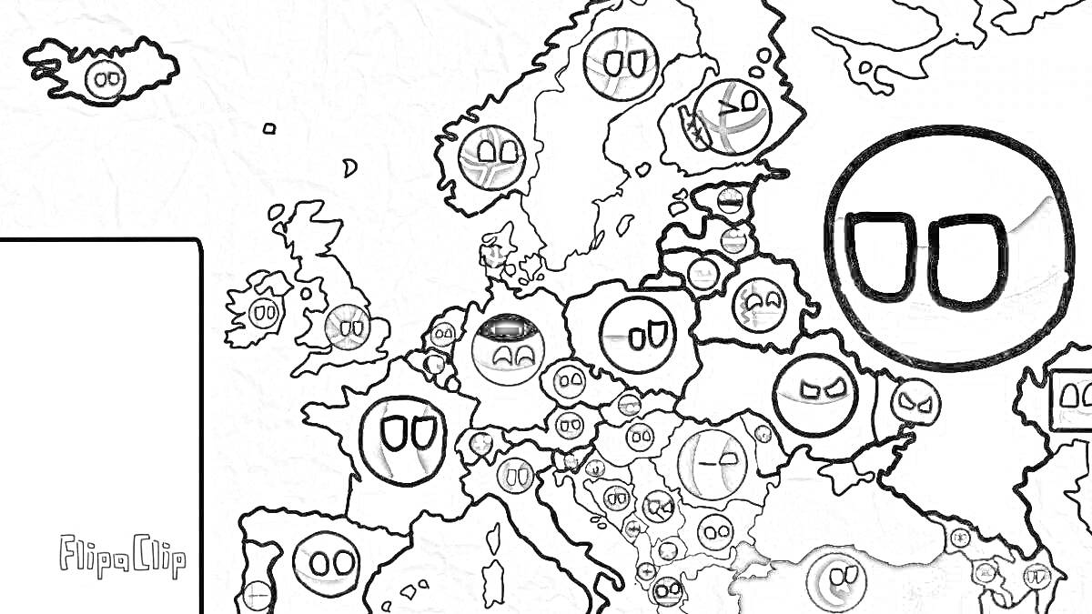 На раскраске изображено: Countryballs, Европа, Карта, Государства, Для детей, География, Юмор