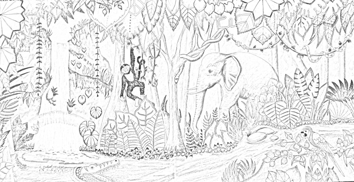 На раскраске изображено: Водопад, Мост, Обезьяны, Слон, Тропический лес, Водоем, Растения, Джунгли, Листья, Природа, Животные