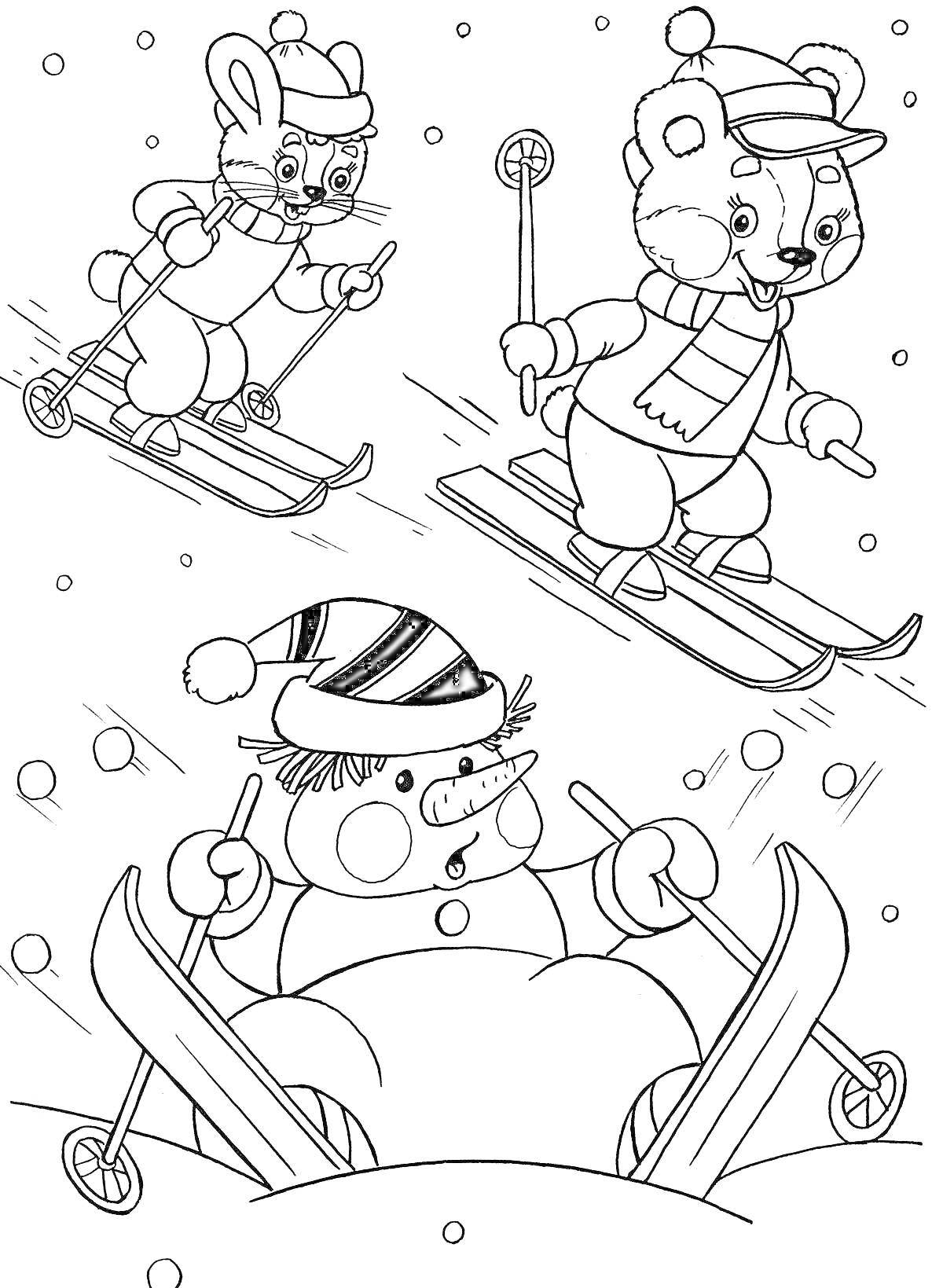 На раскраске изображено: Зимние забавы, Снег, Кролик, Медведь, Лыжи, Зима, Для детей, 5-6 лет, Спорт, Снеговики
