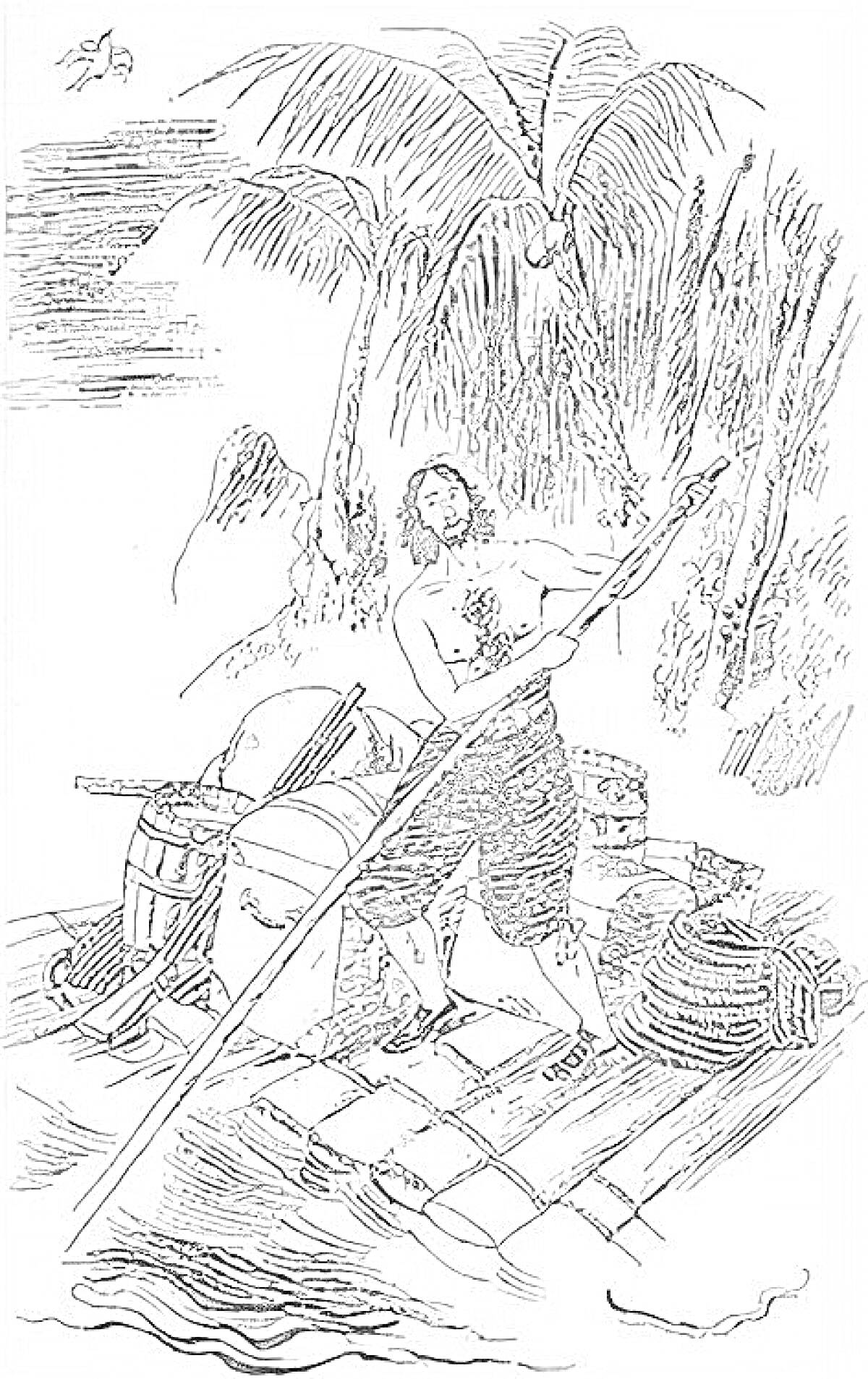 Раскраска Робинзон Крузо на плоту с веслом и поклажей на фоне пальм и джунглей