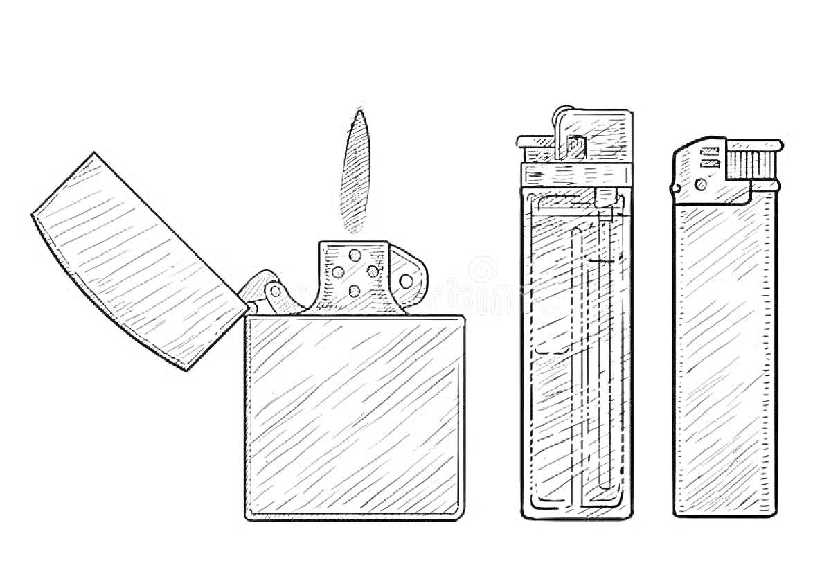 Раскраска Рисунок трех видов зажигалок - с открытым верхом и видимой горелкой, с поджигом и прозрачным корпусом, и с поджигом и закрытым корпусом