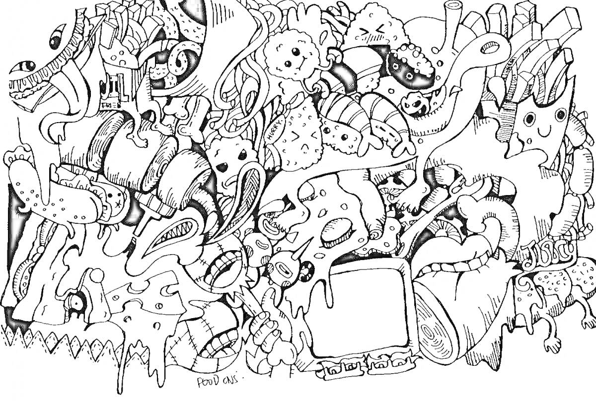 Раскраска Дудл арт с монстрами, глазами, трубами, телевизором и абстрактными формами