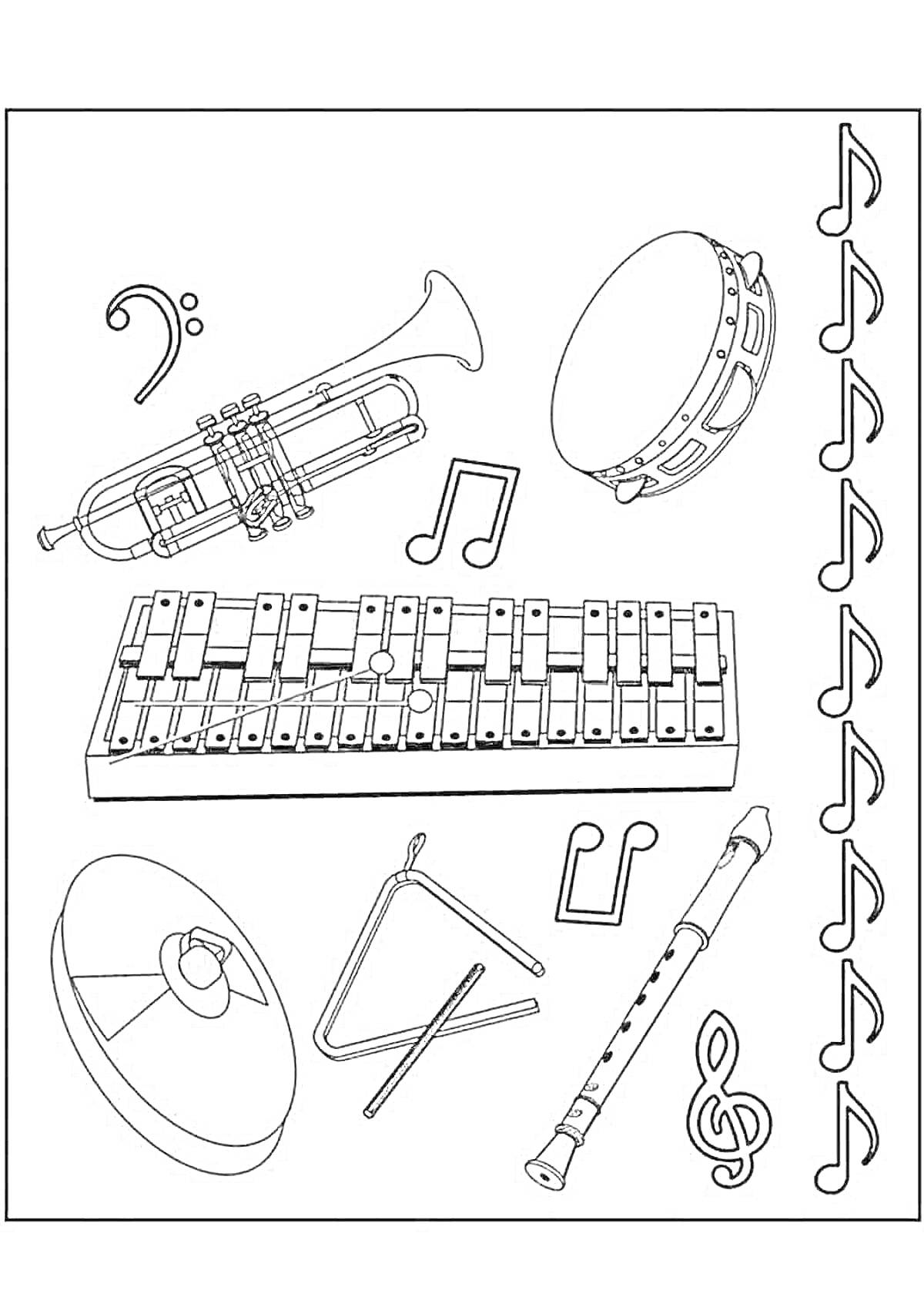 На раскраске изображено: Музыкальные инструменты, Ударные, Труба, Бубен, Ноты, Металлофон, Блокфлейта, Скрипичный ключ