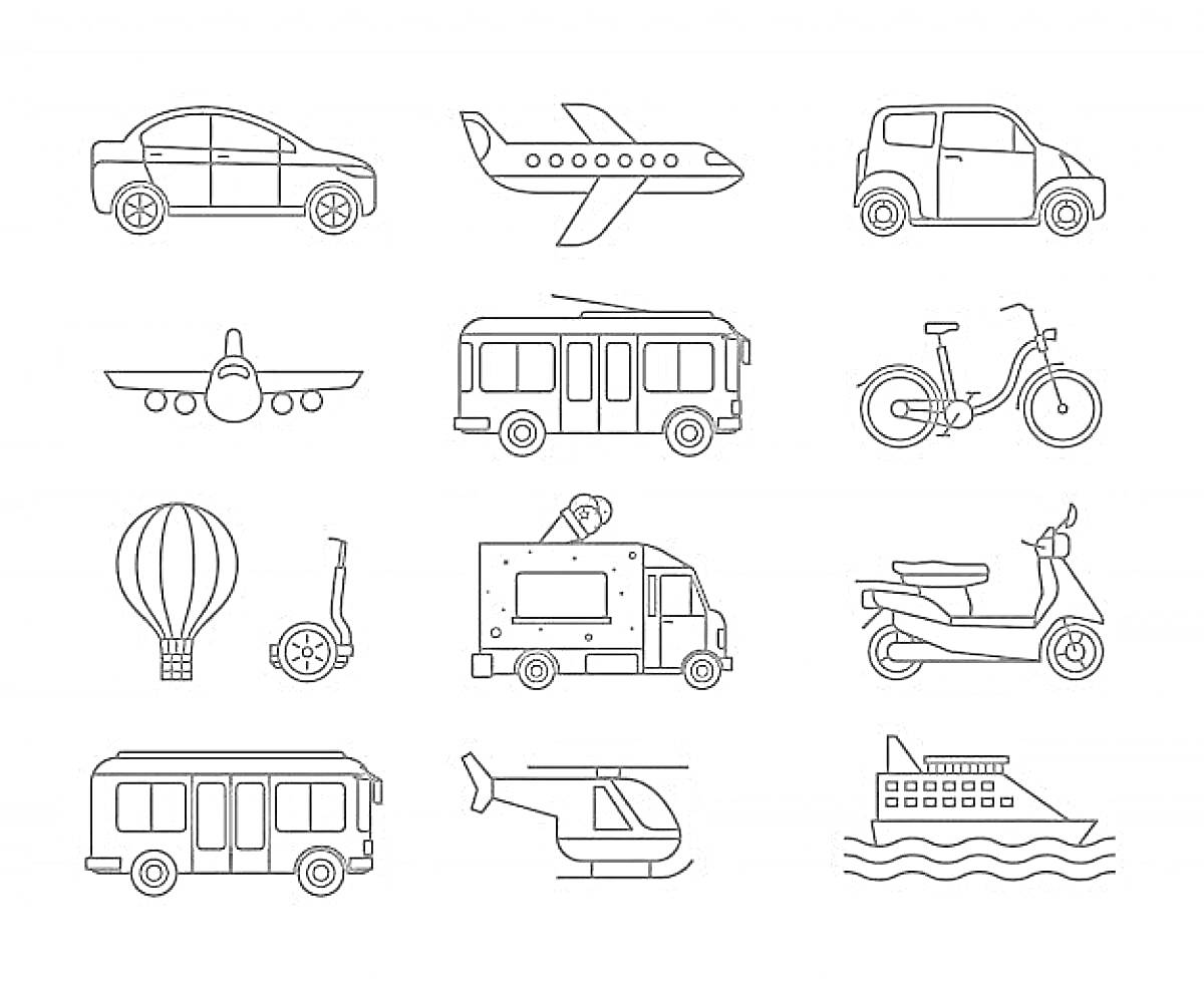 На раскраске изображено: Транспорт, Фургон, Трамвай, Велосипед, Скутер, Автобус, Вертолет, Корабль