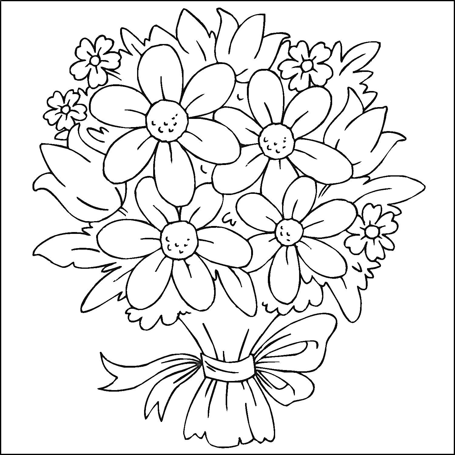 Раскраска Букет с крупными цветами, мелкими цветочками и листьями, перевязанный бантом