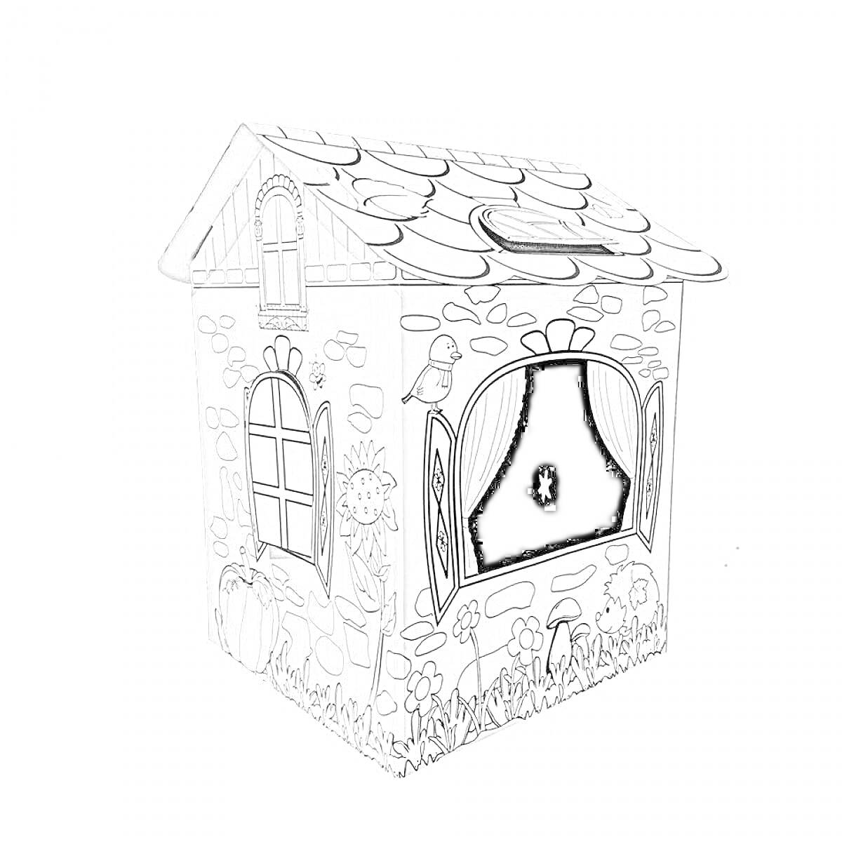 На раскраске изображено: Домик, Окна, Занавески, Черепичная крыша, Цветы, Каменная стена