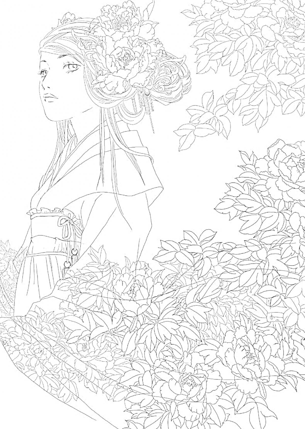 На раскраске изображено: Кимоно, Цветы, Листья, Волосы, Природа
