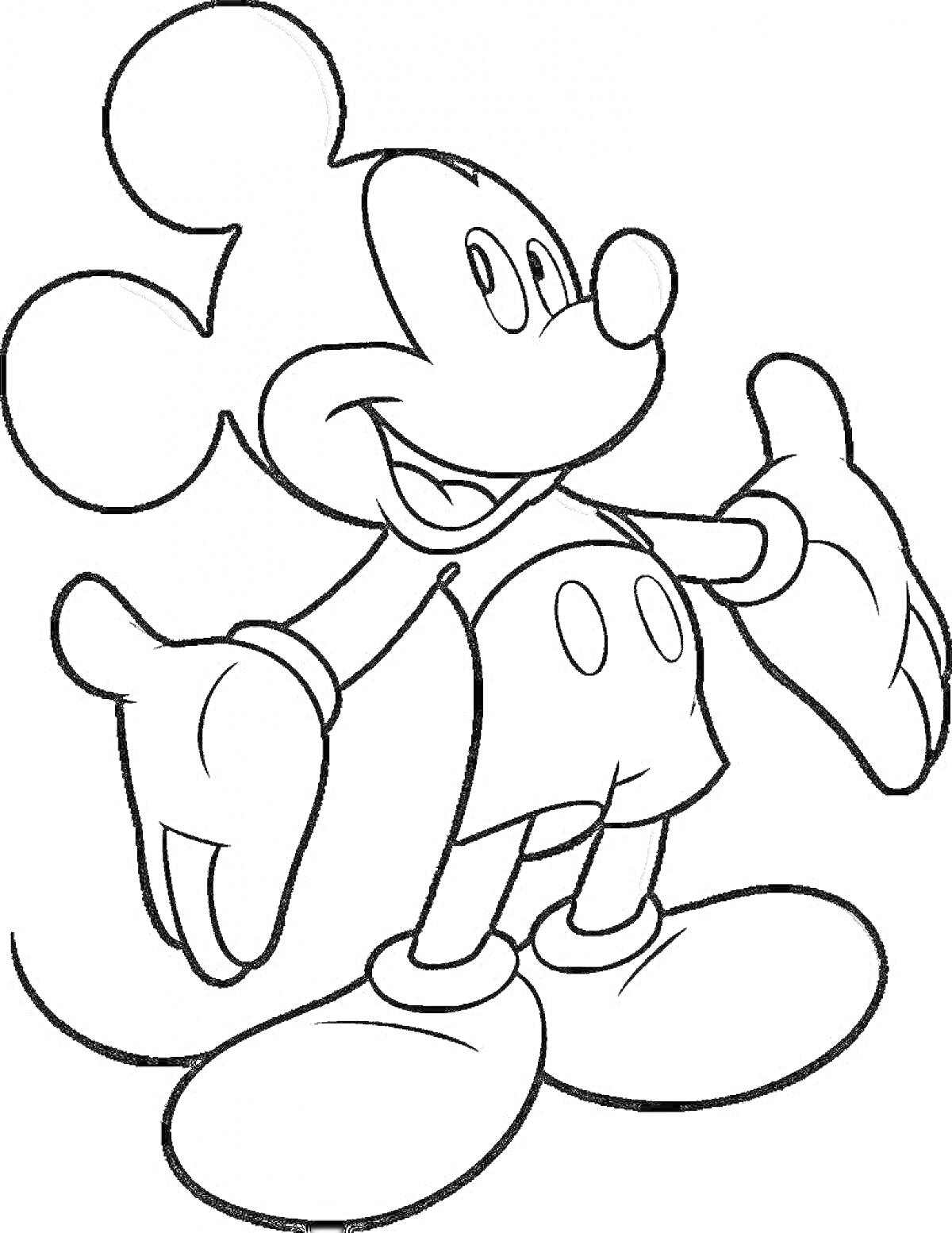 На раскраске изображено: Микки Маус, Мультипликационный персонаж, Большие уши, Большие руки, Улыбка