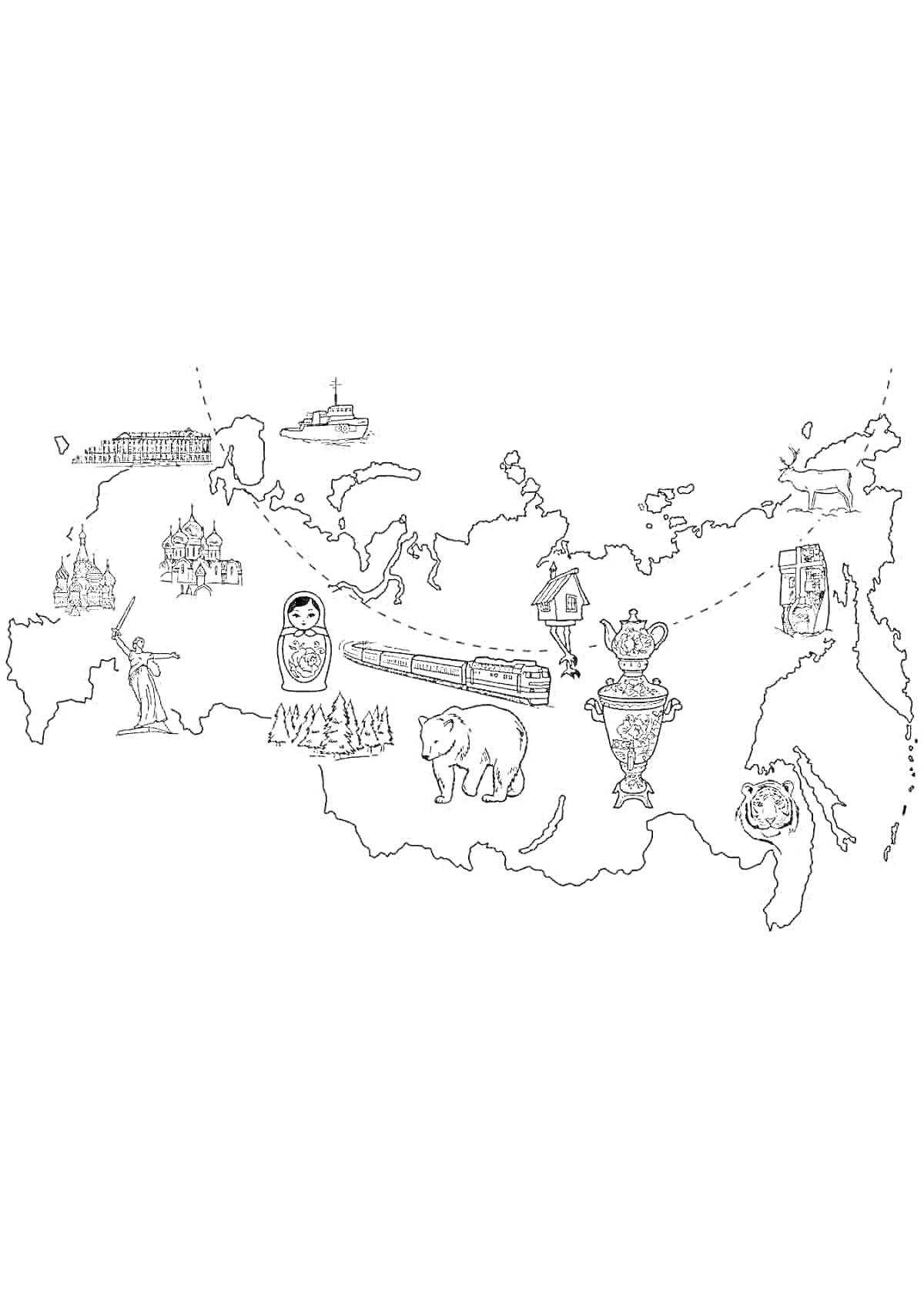 На раскраске изображено: Карта россии, Достопримечательности, Символы России, Кремль, Матрешка, Медведь, Тигр, Олень