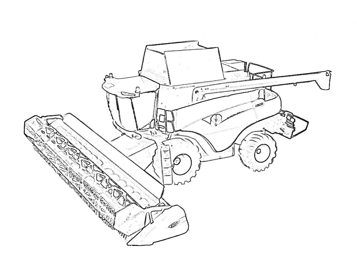 Раскраска Комбайн для уборки урожая с кабиной, колесами, жаткой и зерноуборочной трубой