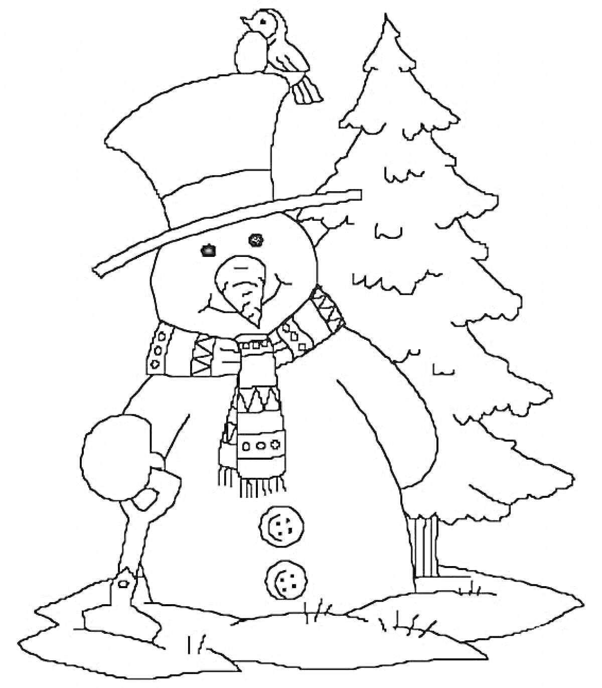Раскраска Снеговик с лопатой и птицей на шляпе рядом с ёлкой