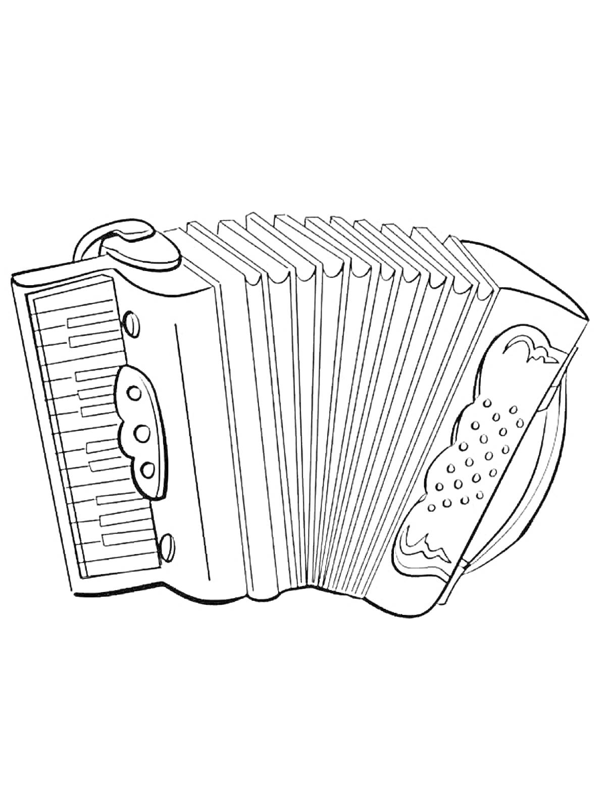 На раскраске изображено: Баян, Музыкальные инструменты, Клавиши, Меха