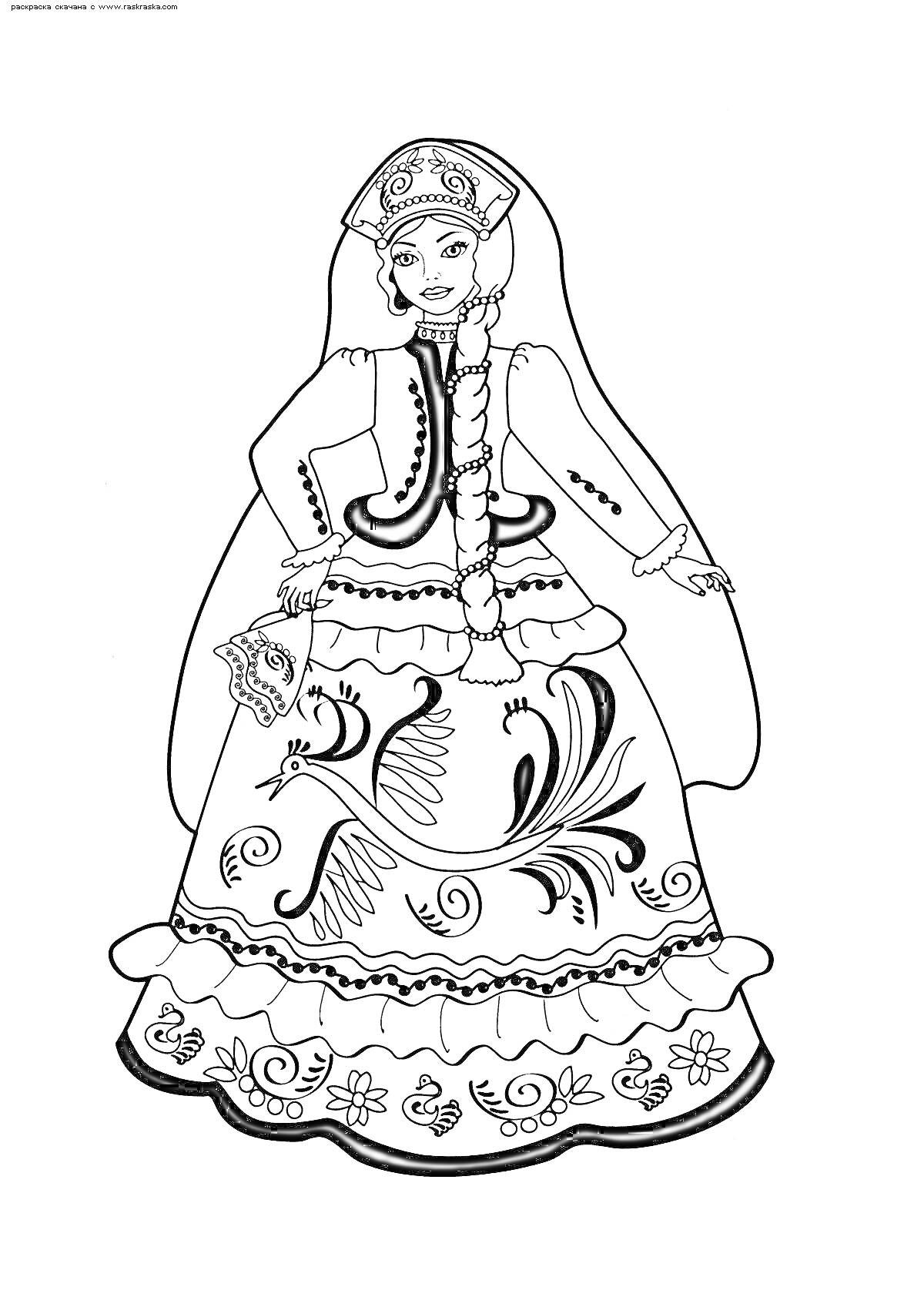 Раскраска Девочка в национальном костюме с сәукеле, традиционный головной убор, платье с узорами, коса