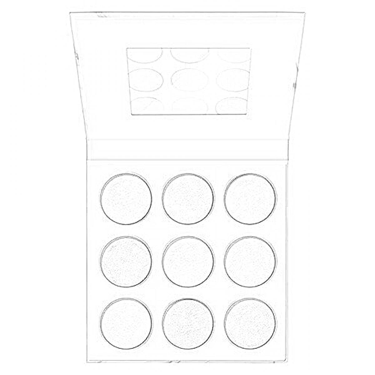  Палетка теней с открытой крышкой, содержащая 9 круглых оттенков и встроенное зеркало