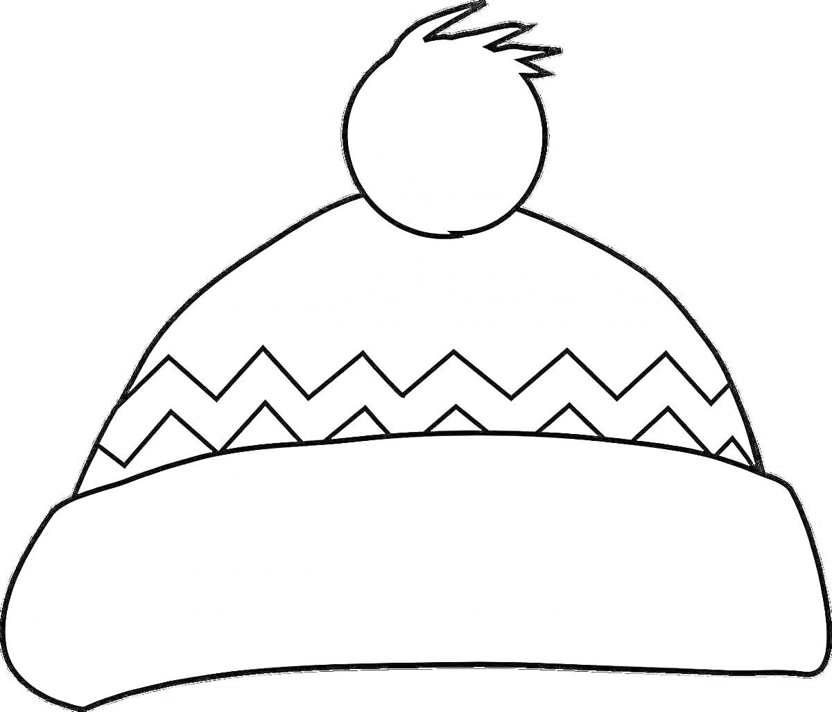 На раскраске изображено: Шапка, Зима, Зимняя шапка, Одежда, Теплая одежда, Зигзаги, Помпоны, Узоры