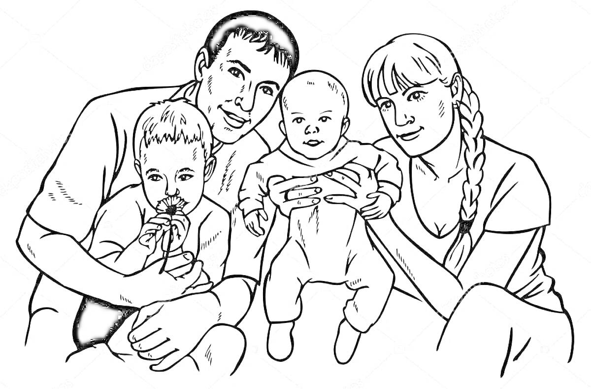 На раскраске изображено: Семья, Родители, Мама, Сестры, Отец, Иллюстрация