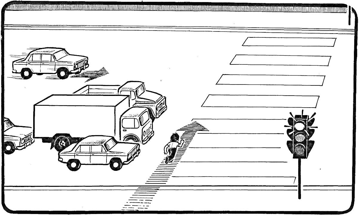На раскраске изображено: Пешеходный переход, Машины, Светофор, Человек, Грузовая машина, Дороги, Зебры