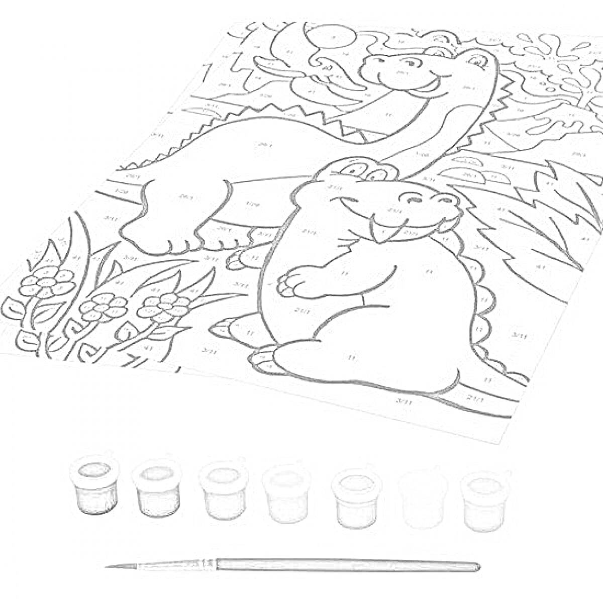 Раскраска Раскраска по номерам фломастерами с изображением двух улыбающихся динозавров на фоне природы, в комплекте фломастеры и кисточка.