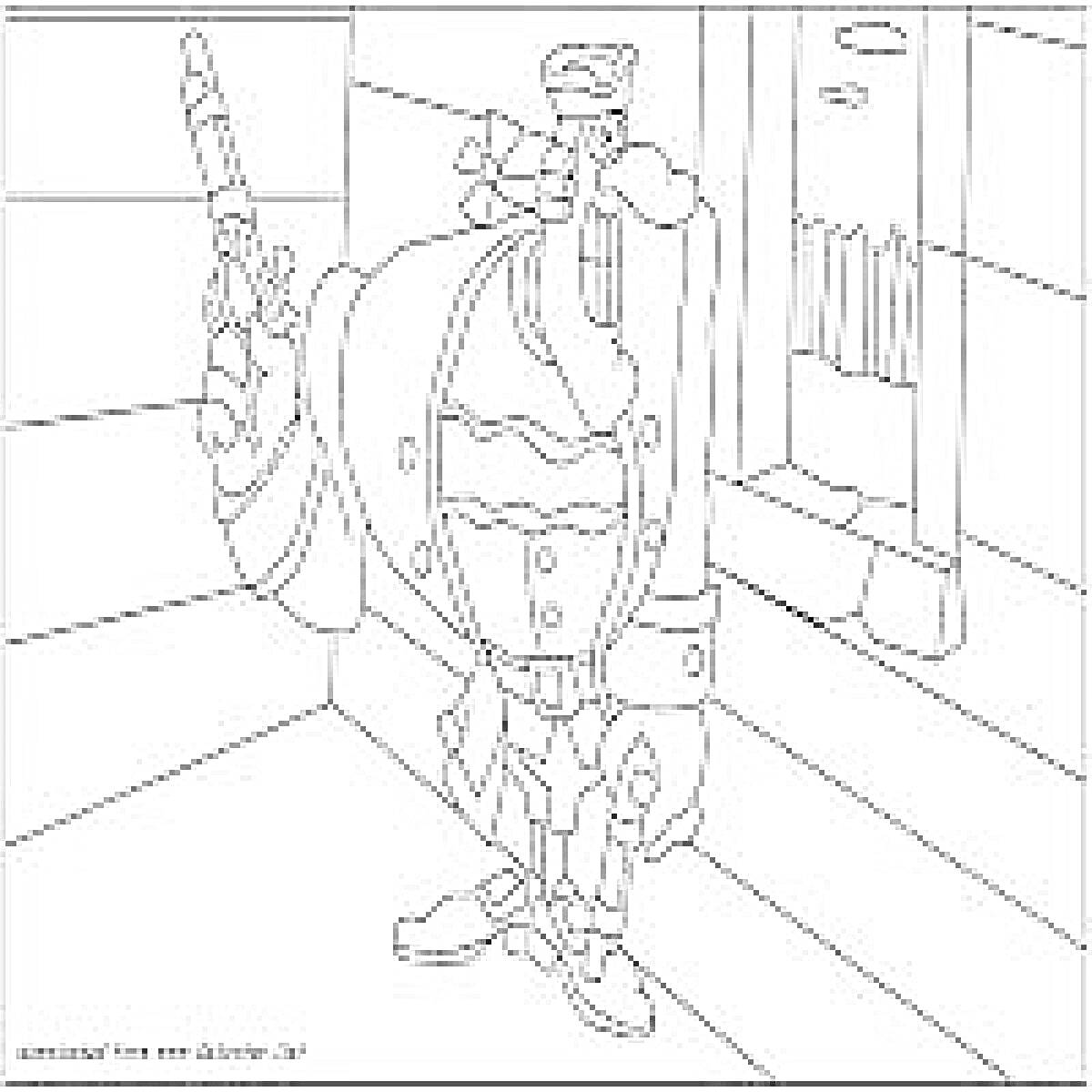 Раскраска Доктор Ливси с пистолетом в руке на фоне коридора со стенами, окном с решёткой и открытой дверью