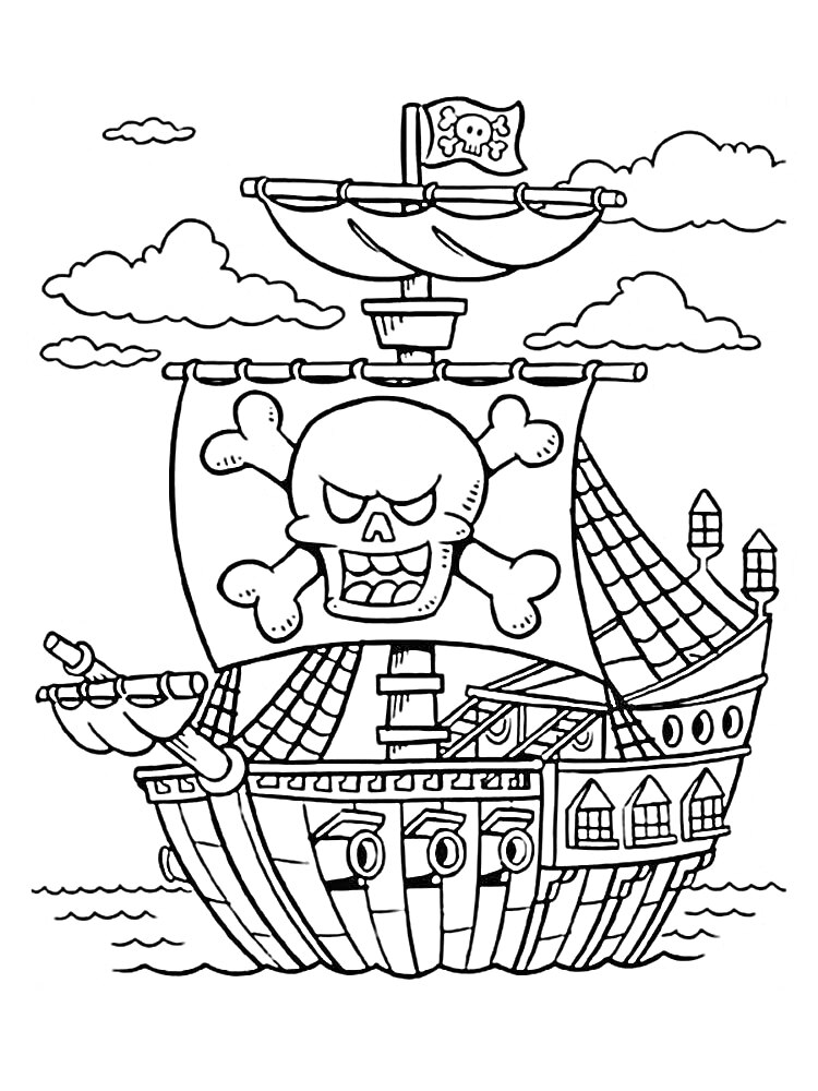 На раскраске изображено: Пиратский корабль, Флаг, Череп, Кости, Волны, Облака, Паруса, Пушка