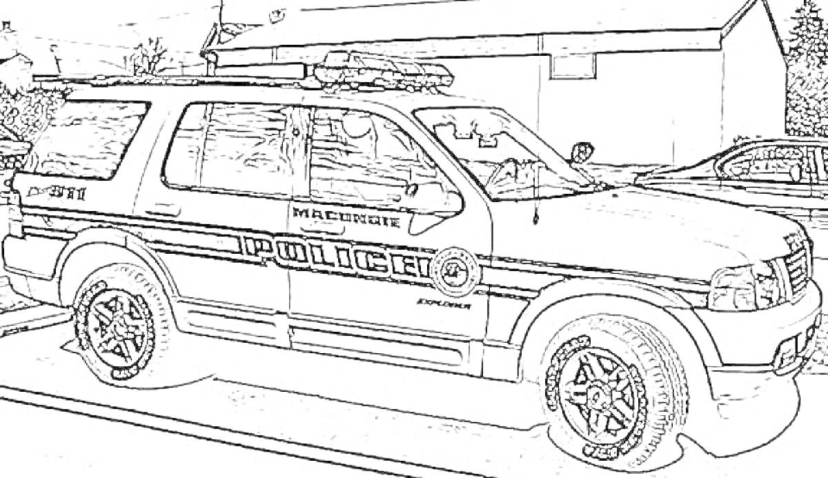 На раскраске изображено: Полицейская машина, Здание, Колеса, Полиция, Деревья, Авто