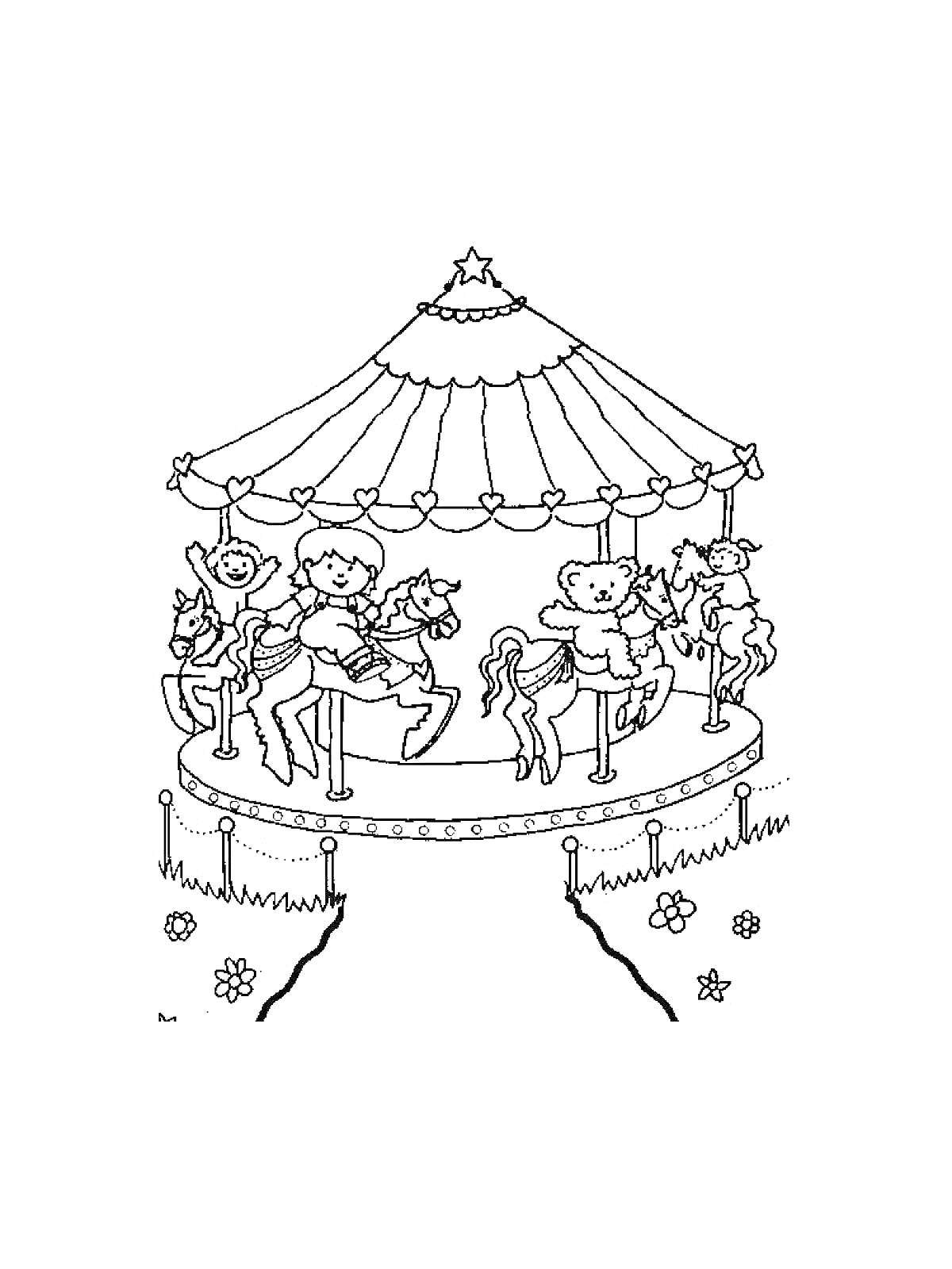 Раскраска Карусель с детьми, животными и украшениями на платформе, окруженной ограждением и цветами на земле.