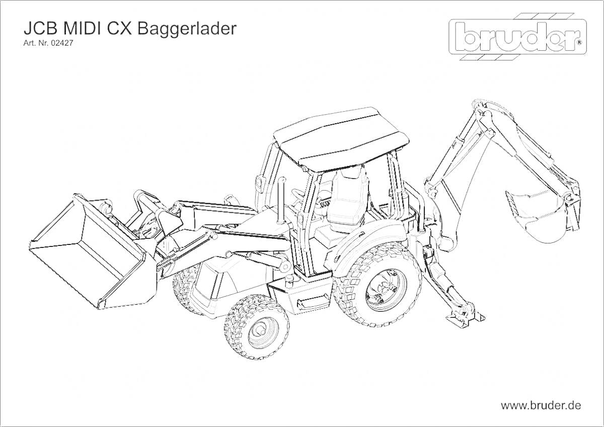 Раскраска Экскаватор погрузчик JCB MIDI CX с передним ковшом и задним экскаваторным ковшом