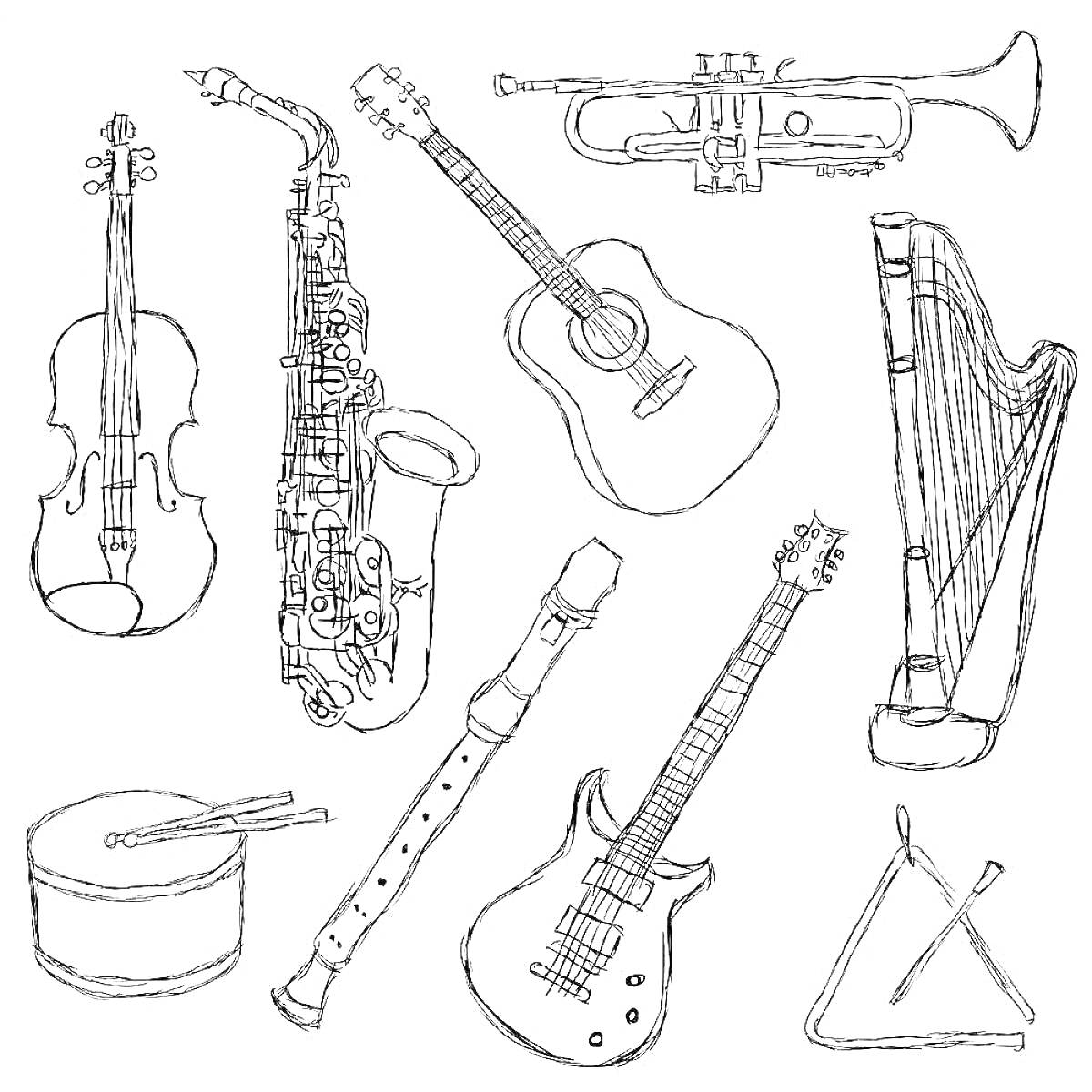 Раскраска с музыкальными инструментами: скрипка, саксофон, труба, акустическая гитара, арфа, большой барабан с палочками, блокфлейта, электрогитара, треугольник с палочкой