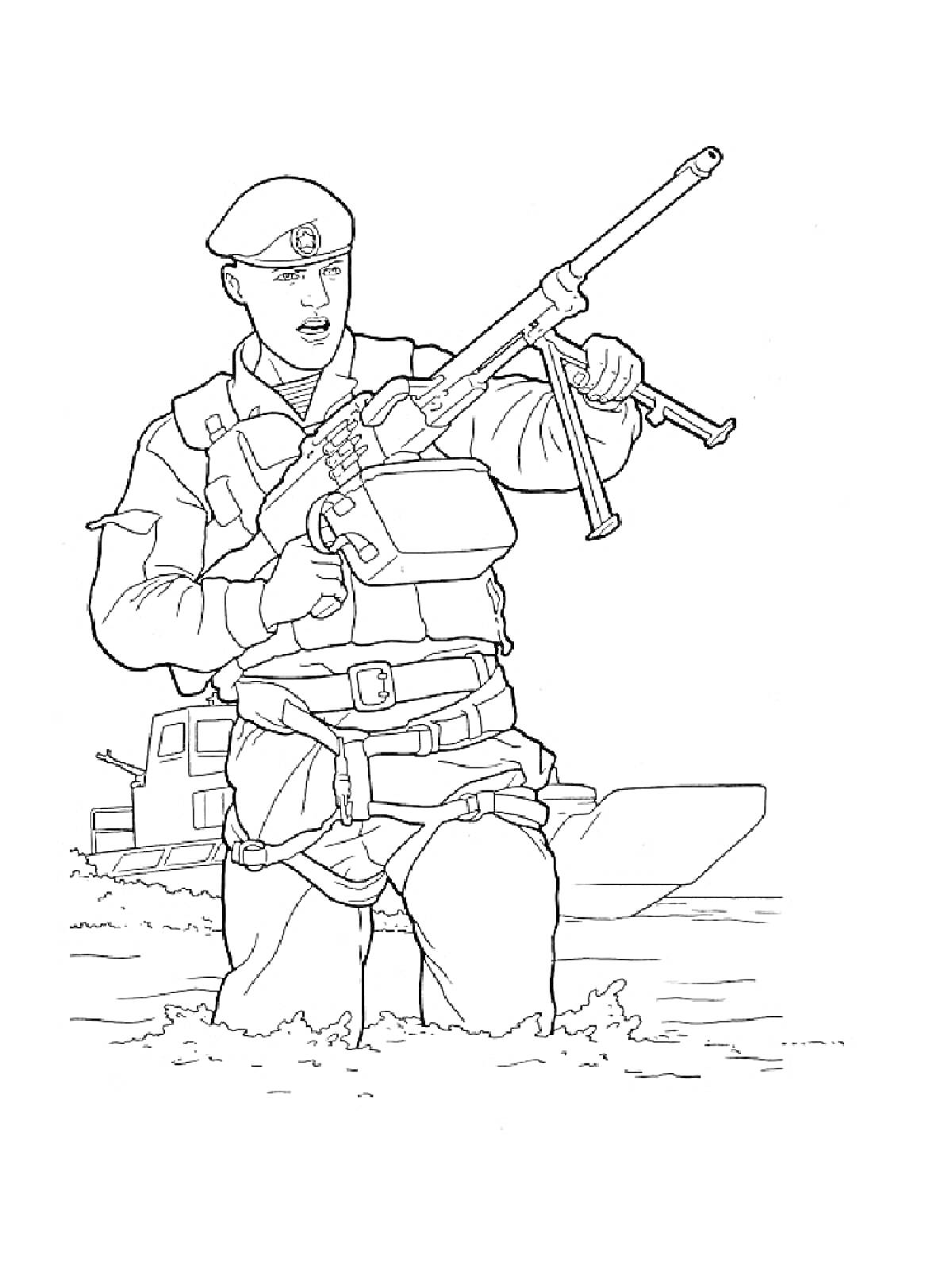 Раскраска Солдат с оружием, по пояс в воде, корабль на заднем плане