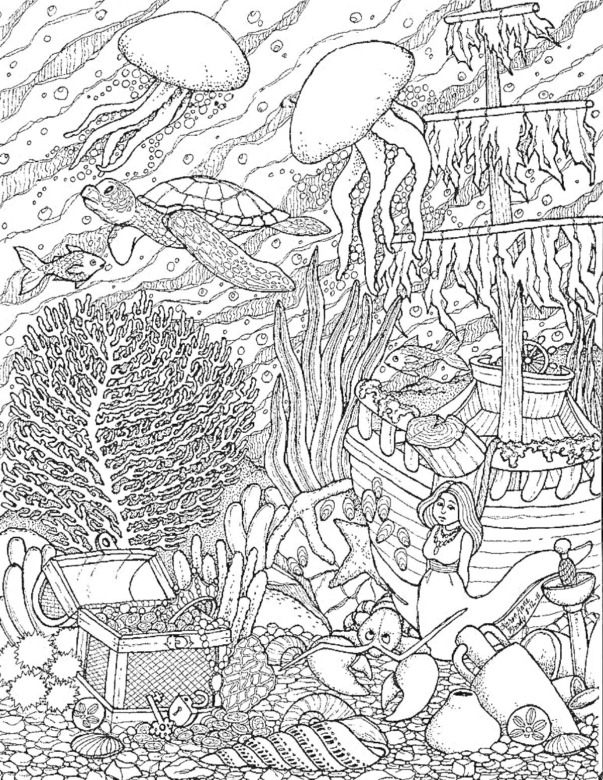 На раскраске изображено: Подводный мир, Сундук сокровищ, Черепаха, Затонувший корабль, Кораллы, Морские растения, Сокровища