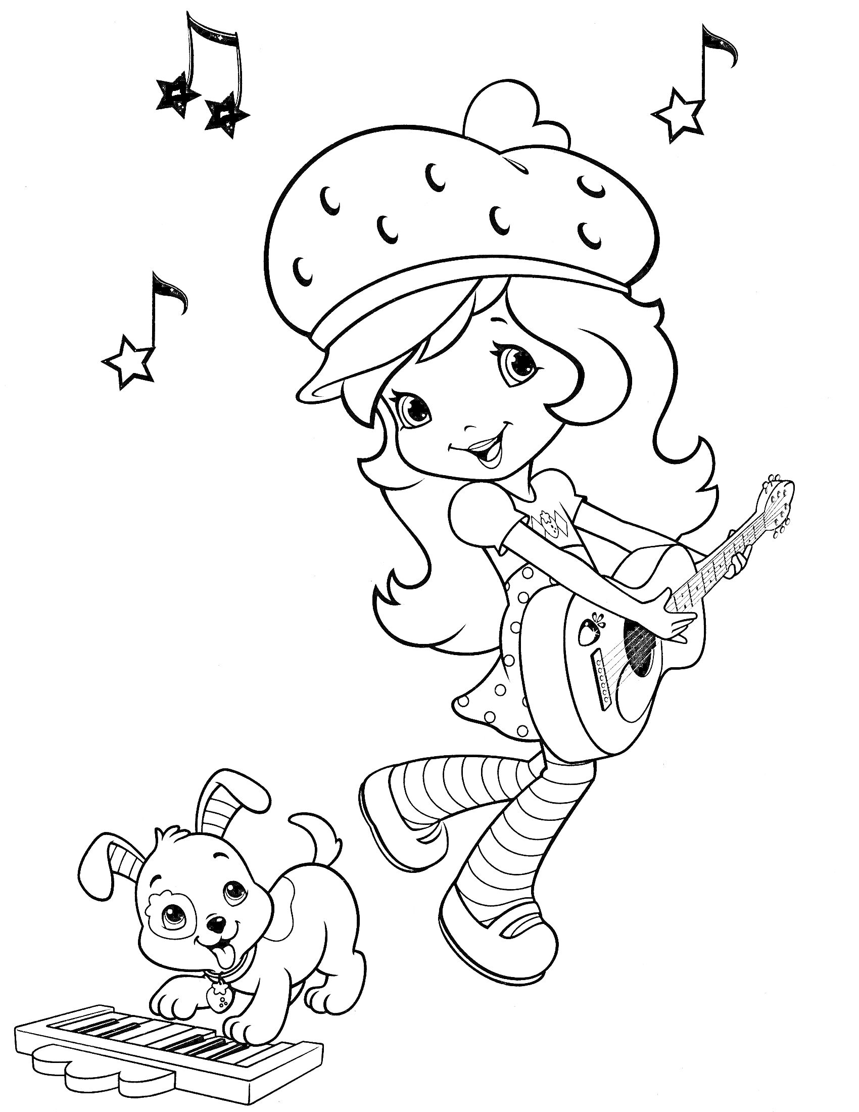 Раскраска Шарлотта Земляничка играет на гитаре, щенок играет на клавишах, ноты и звезды