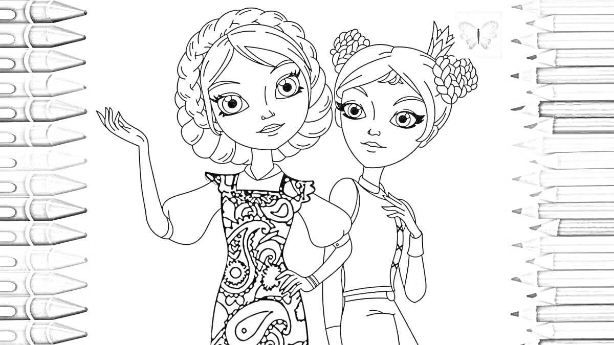 Раскраска две девочки-царевны с косами, одна в узорчатом платье, другая с двумя пучками на голове, фон состоит из карандашей, бабочка в правом верхнем углу