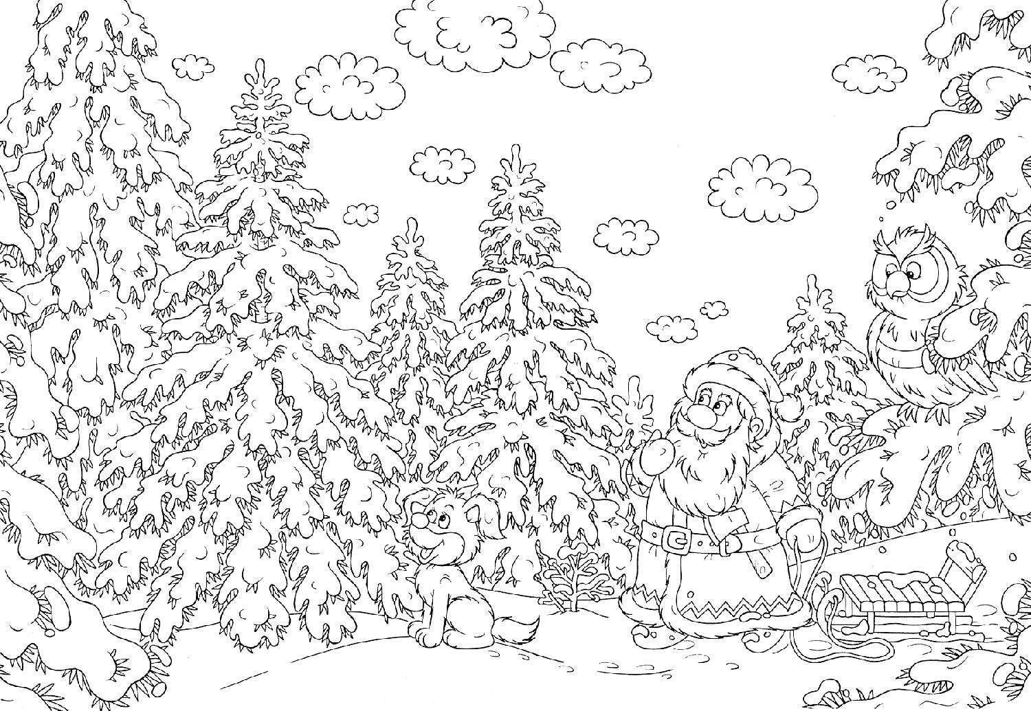 Раскраска Дед Мороз в зимнем лесу с белкой, лягушкой и совой.