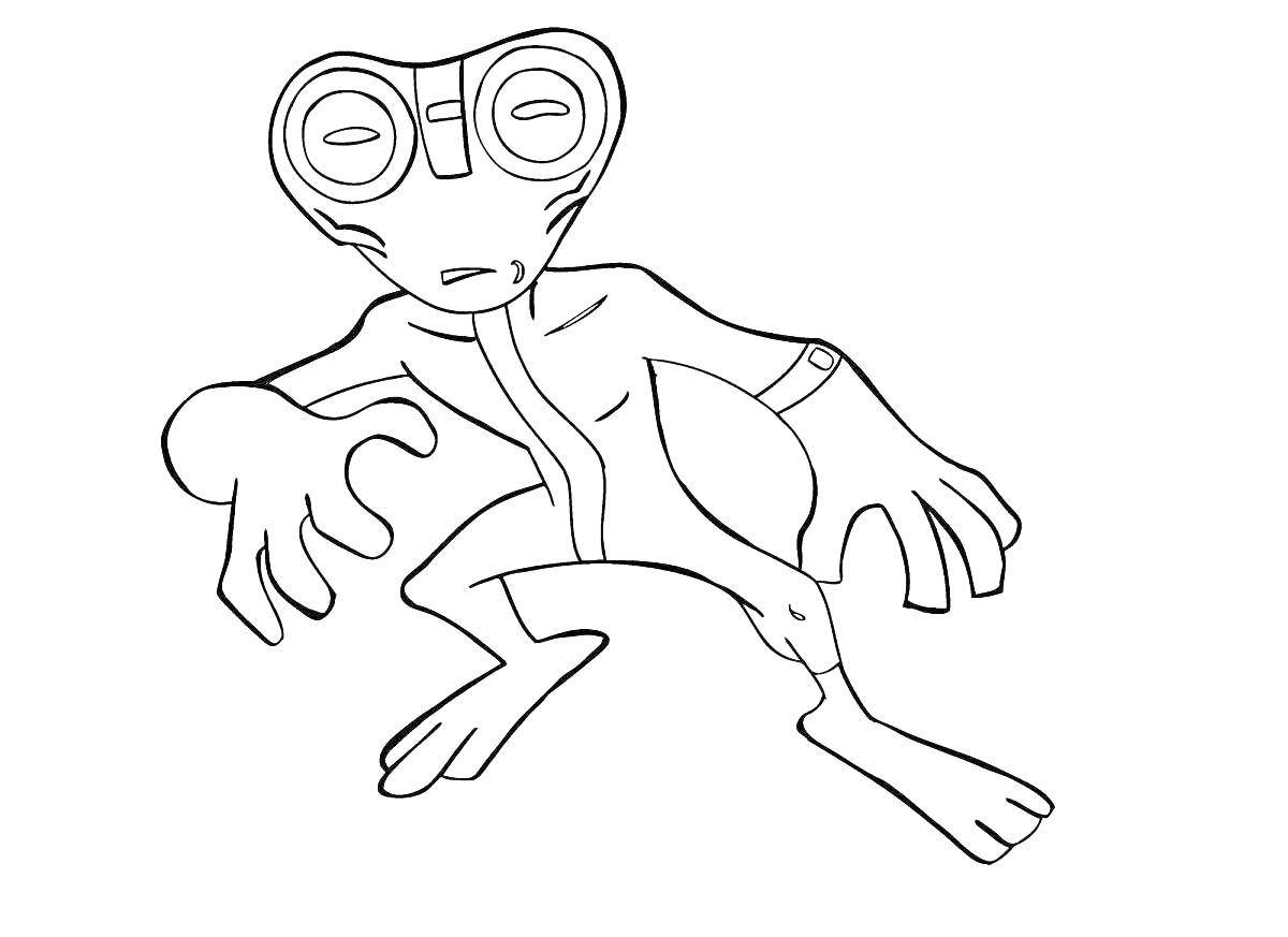 Раскраска Четырёхрукий инопланетянин с большими глазами и полосой на груди из мультфильма 