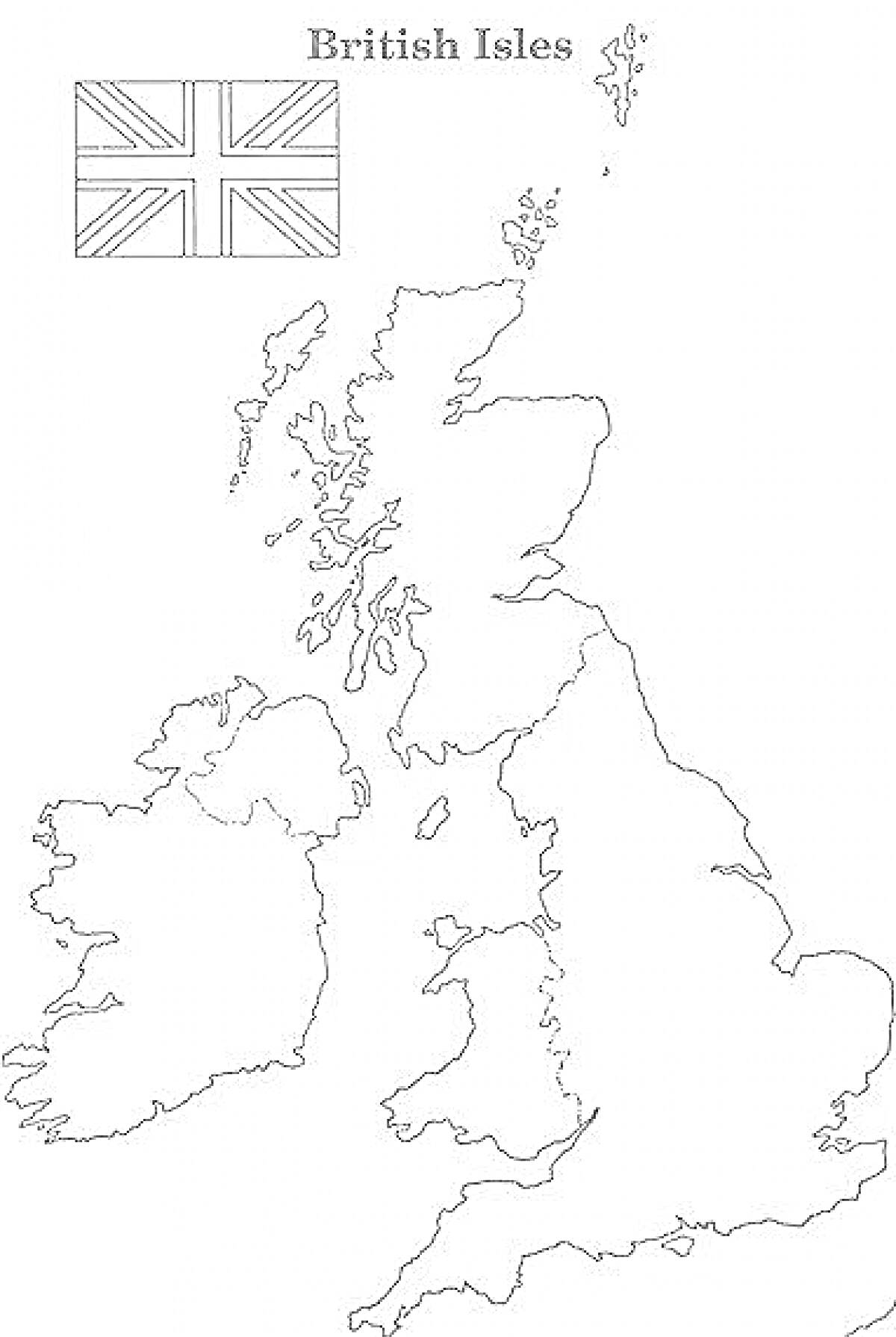 РаскраскаКарта Британских островов с изображением флага Великобритании