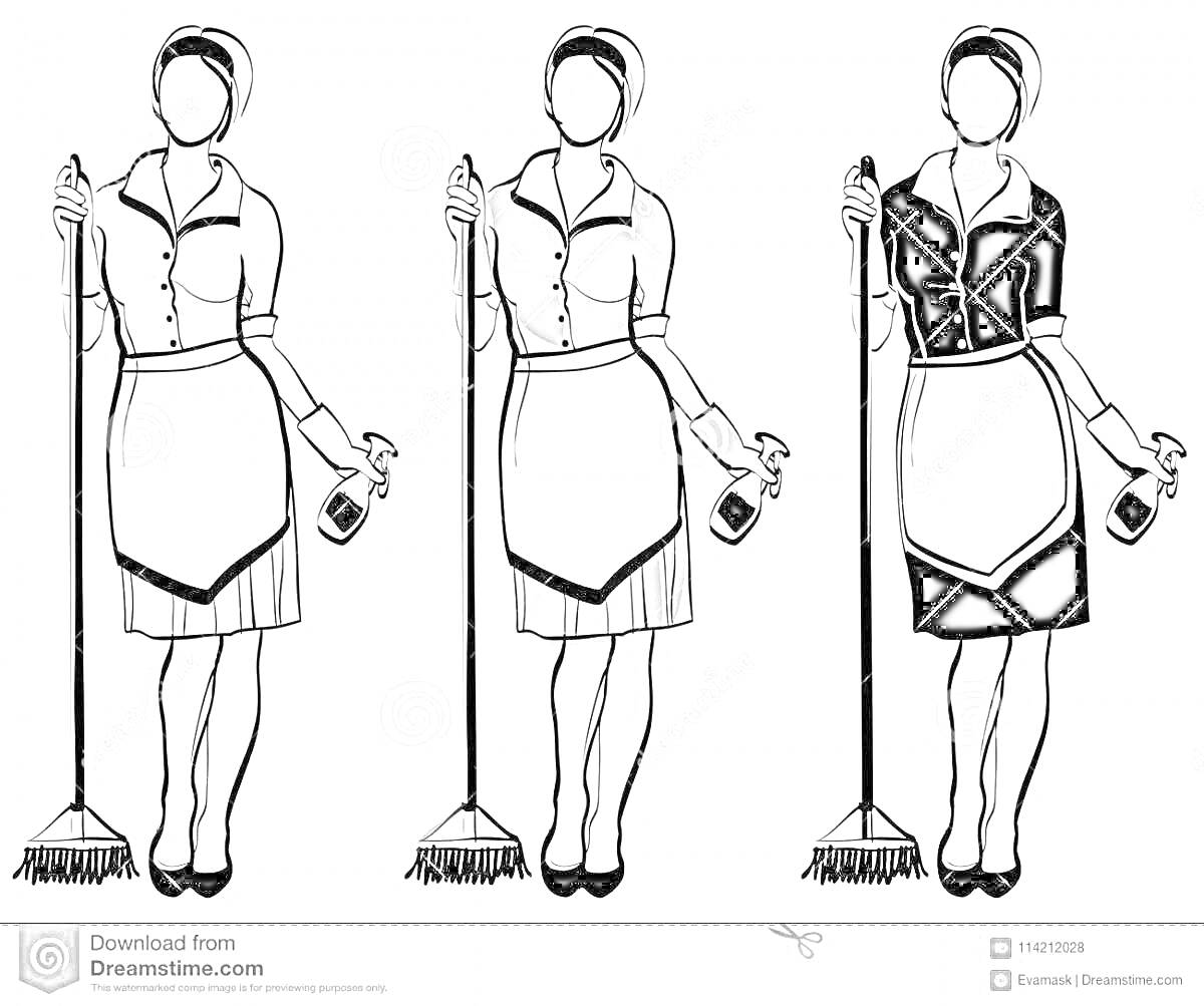 На раскраске изображено: Уборщица, Веник, Моющее средство, Женщина, Рабочая одежда, Фартук, Уборка