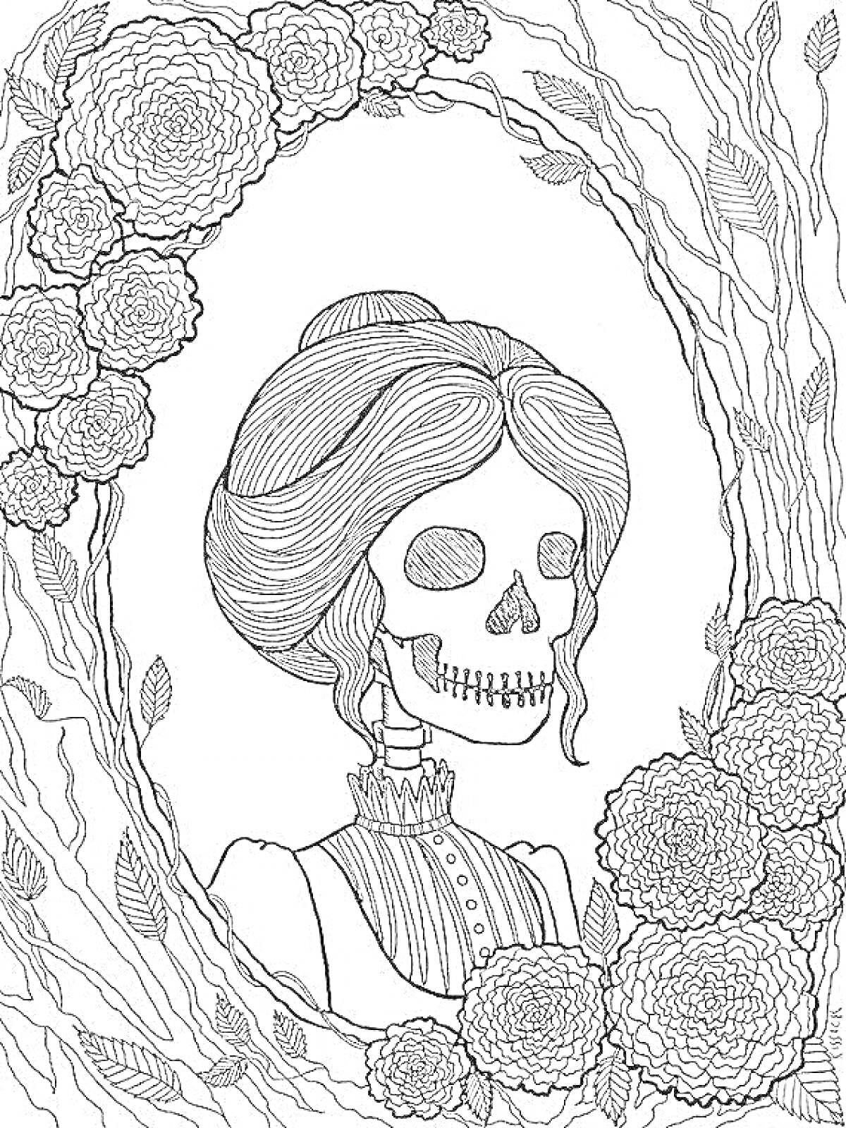 На раскраске изображено: Скелет, Вензеля, Цветы, Розы, Венок, Винтаж, Страшно, Красиво