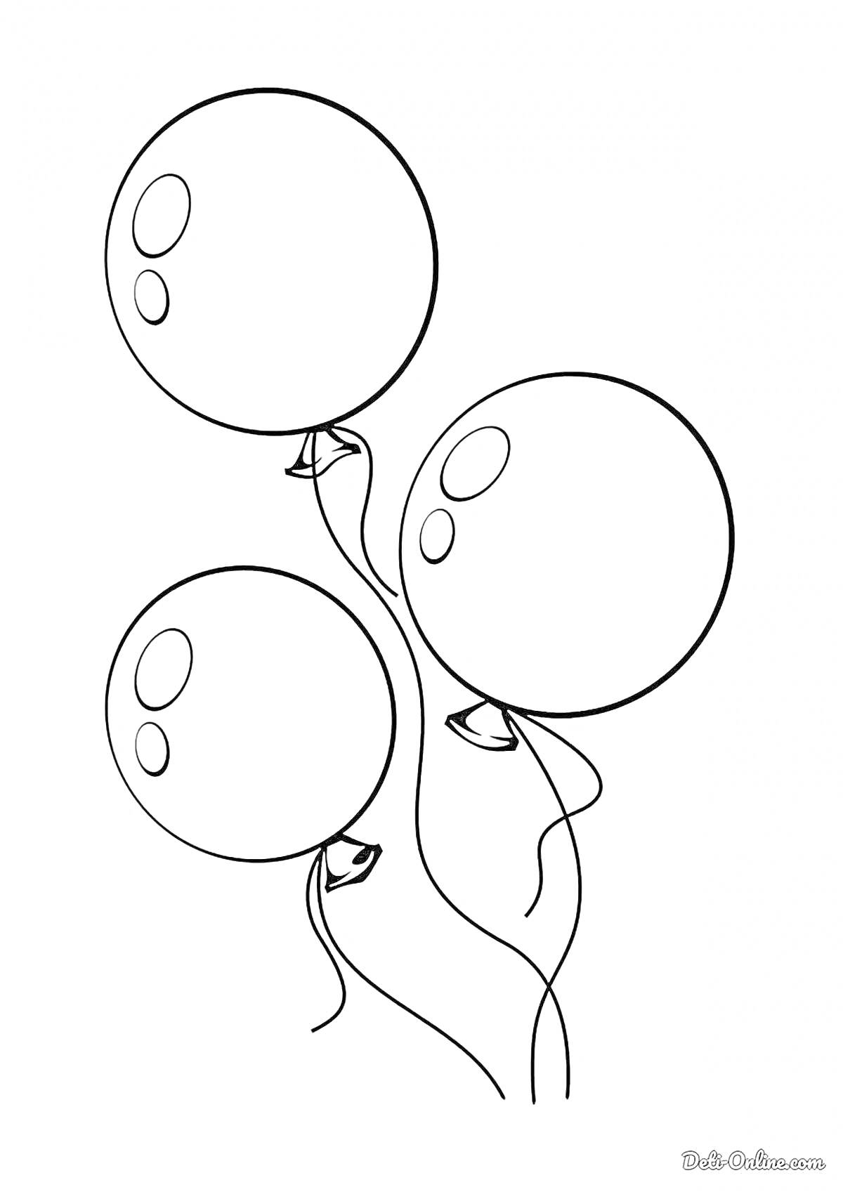 Раскраска Три воздушных шарика с отражениями и ленточками