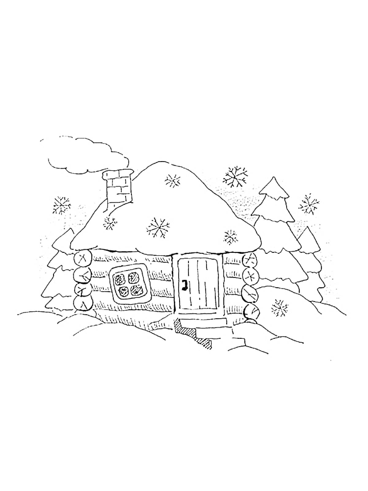 Раскраска Изба зимой с дымом из трубы, заснеженная крыша, снежинки, ёлки, заснеженный ландшафт