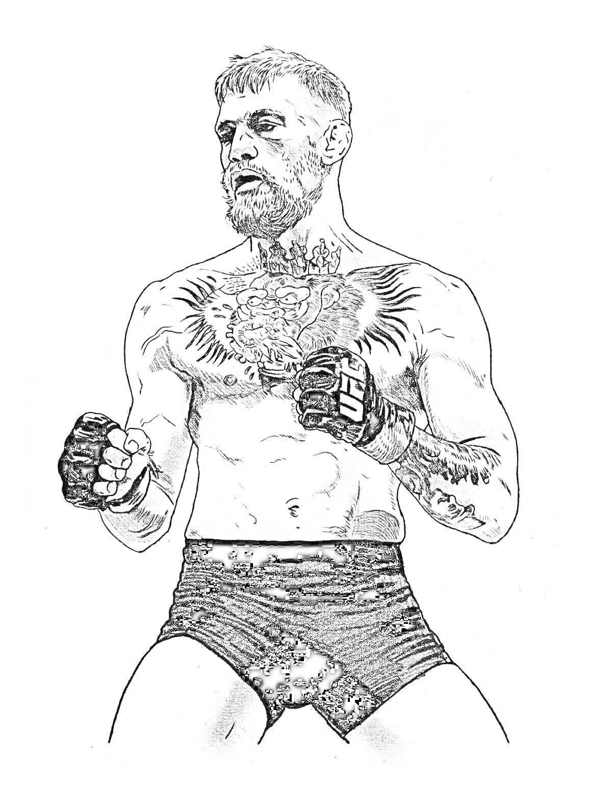 На раскраске изображено: Боец, Татуировки, Борода, Перчатки, UFC