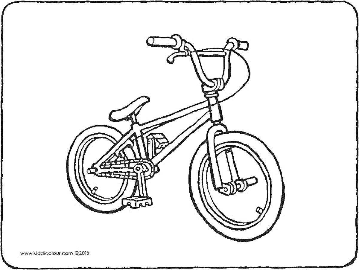 Раскраска Велосипед BMX с ручным тормозом, с ободами, педалями и цепью