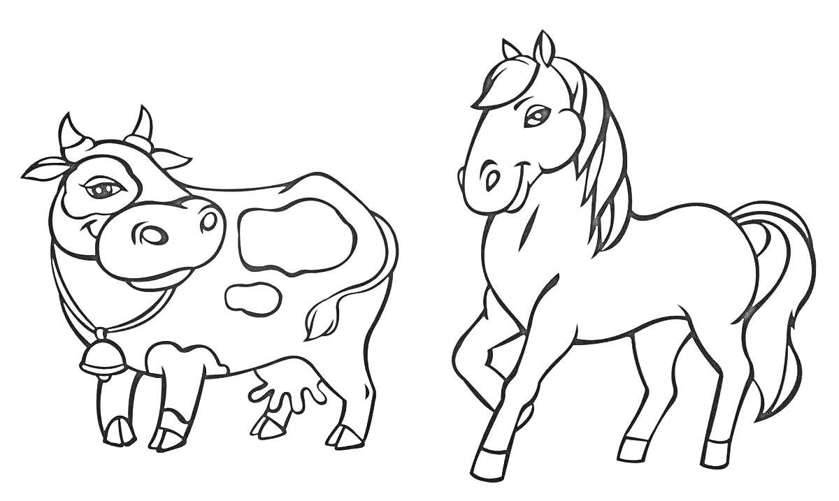 На раскраске изображено: Корова, Лошадь, Домашние животные, Для детей, 4-5 лет, Контурное изображение, Сельское хозяйство, Животные
