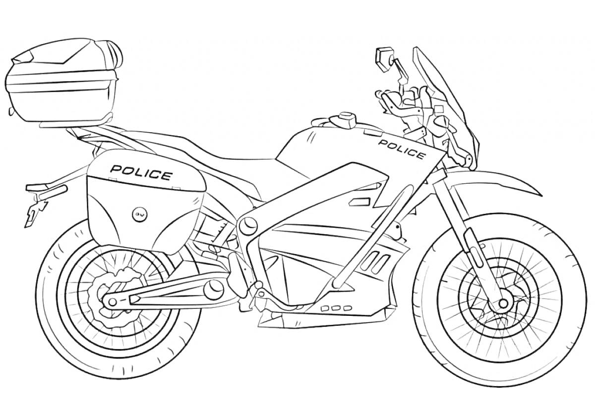 Раскраска Полицейский мотоцикл с кофрами и зеркалами