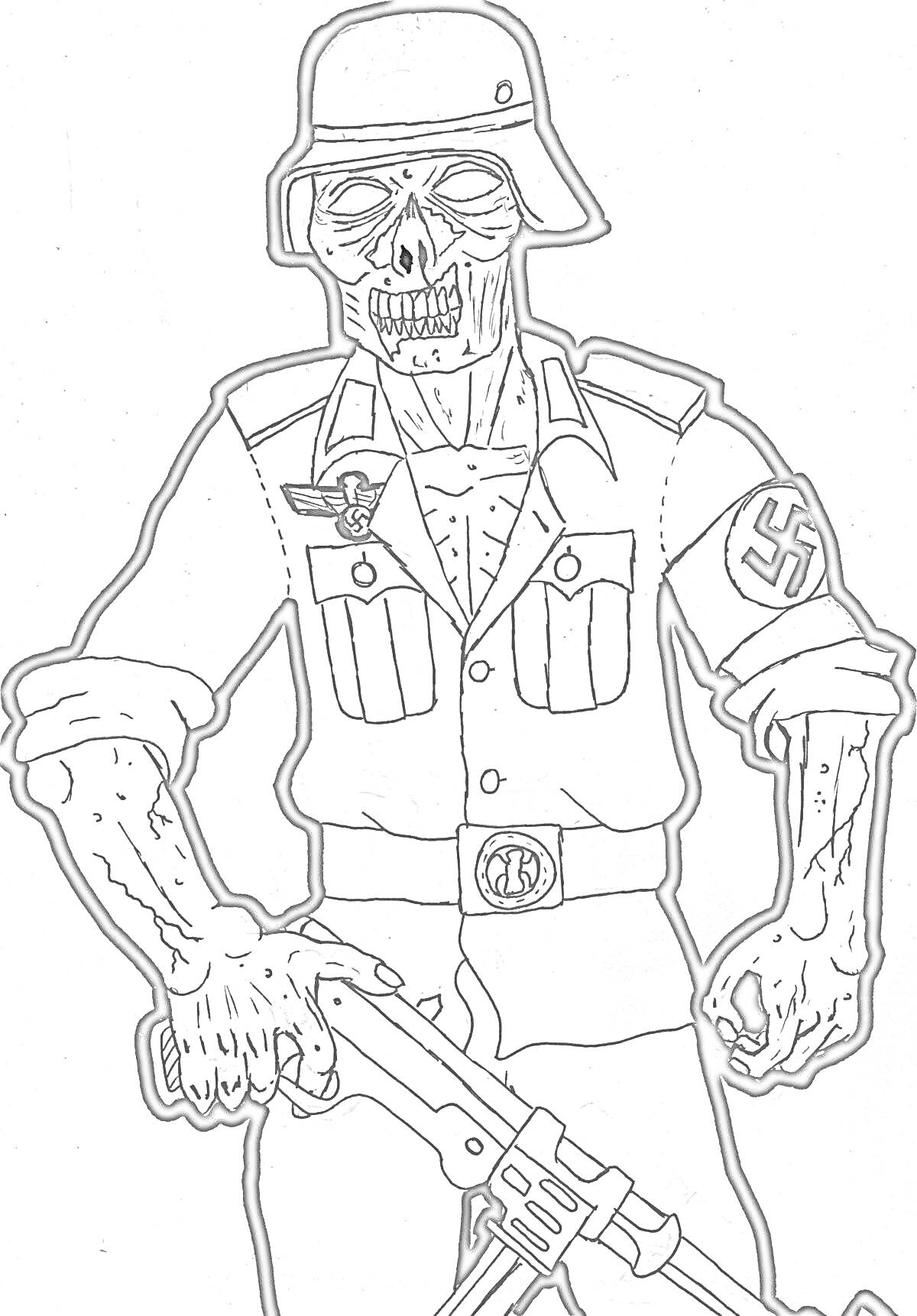 Раскраска Немецкий солдат-зомби в нацистской униформе с автоматическим оружием